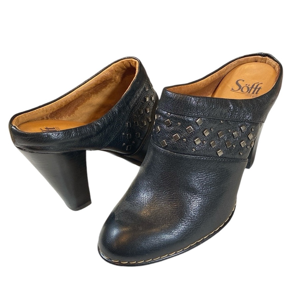Söfft Heeled Leather Black Mules with Studs